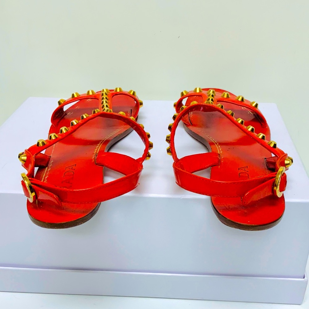 Prada red leather gold studded flat sandals 37.5 - Picture 3 of 9